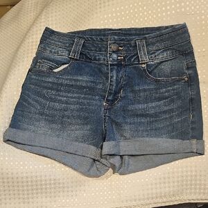 Blue Spice Distressed Dark Blue Denim Roll-Cuff Jean Shorts